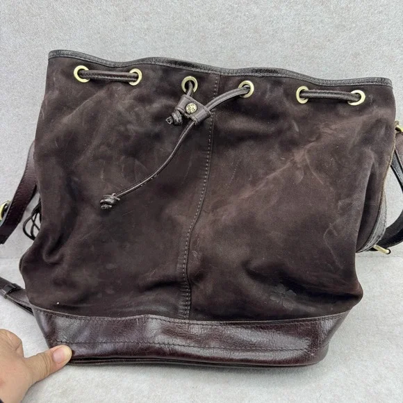 Patricia Nash Bag Womens Medium Dark Brown Suede Bucket Drawstring Fringe - Picture 8 of 16